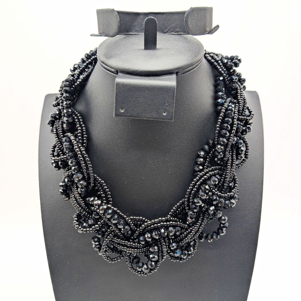 Black Beaded Statement Necklace Choker Adjustable Lobster Clasp 16 in